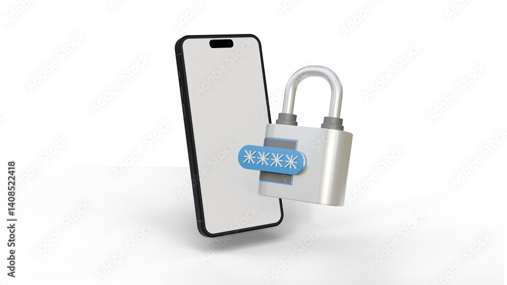 Poster secure access to phone concept on isolated background. blank screen smartphone with padlock and pass