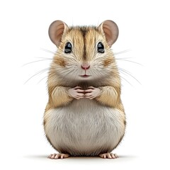 An adorable fluffy hamster sits upright with paws together against a pure white background looking directly at the camera.