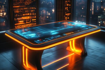 Futuristic holographic interface on a digital table glowing in a dark room