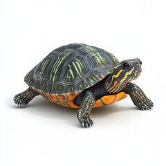 Obraz premium A detailed 3D render of a vibrant painted turtle showcasing its intricate patterns and textured skin against a clean white background.