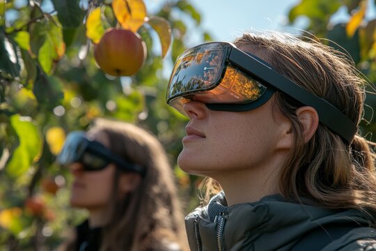 Women exploring a vineyard while wearing modern augmented reality headsets