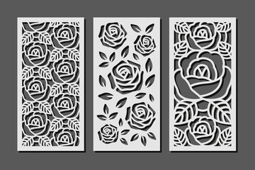 Laser cut decorative panels with roses flowers pattern. Vector floral design for home interior decor, partition, privacy screen, wall art, room dividers. Template for cnc, plasma and plotter cutting
