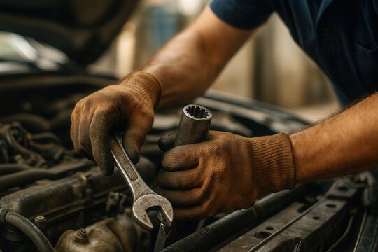 Auto mechanic repairing car engine using wrench and socket