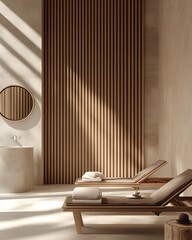 Spa Interior with Wooden Loungers and Slatted Wall