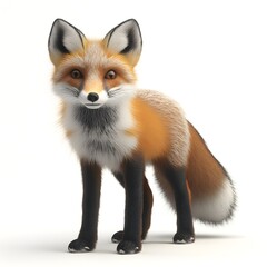 A realistic 3D render of a red fox standing against a pure white background showcasing its detailed fur and expressive eyes.