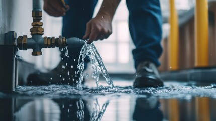 Plumber testing water flow at a construction site. Featuring expertise and skill