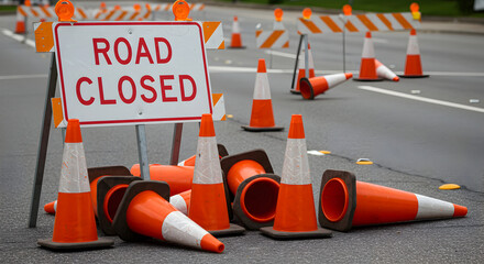 Fototapeta premium Road Obstruction Scene With Traffic Cones And Closed Road Sign
