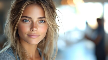 Fototapeta premium Closeup Portrait of a Woman with Soft Makeup and Natural Beauty Ideal for Fashion Health an
