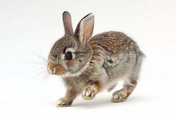 Obraz premium Bunny running ears bouncing tiny paws mid stride fluffy fur detailed motion blur on legs isolated on a white background