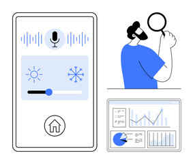 Smart thermostat with voice control and temperature slider, user holding magnifying glass, detailed analytics dashboard with charts. Ideal for technology, innovation, data analysis, smart living