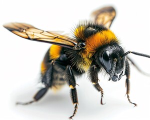Carpenter bee motion shiny black body contrasted against translucent wings hovering effect captured isolated on a white background