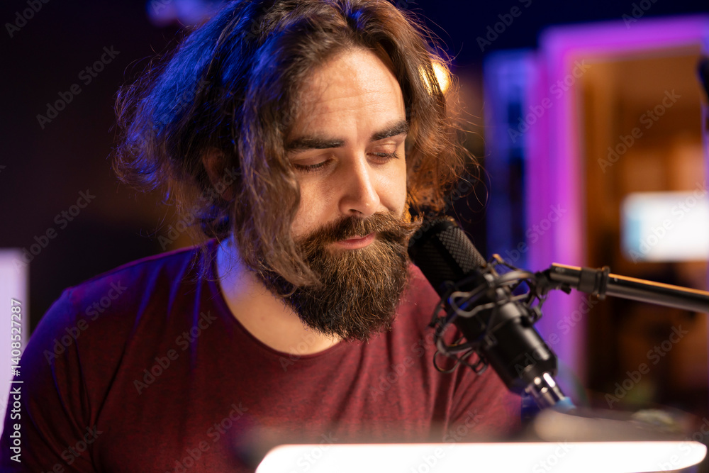 Aufkleber talented musician producer singing a new song on microphone in home studio, composing music an creat