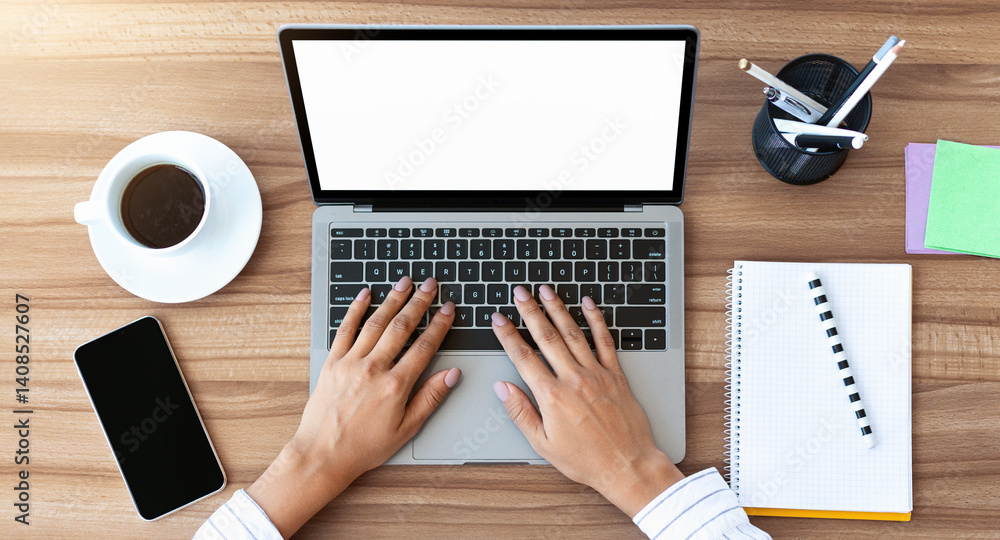 Aufkleber workspace. above view of lady using computer with white blank monitor for mock up, wood table, free 