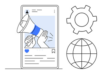 Smartphone post with a megaphone for marketing and promotion, gear for settings or strategy, and globe for global reach. Ideal for digital marketing, social media, global advertising, branding