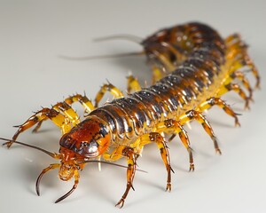 Obraz premium Centipede crawling numerous segmented legs moving rhythm long antennae sensing dark glossy body white background