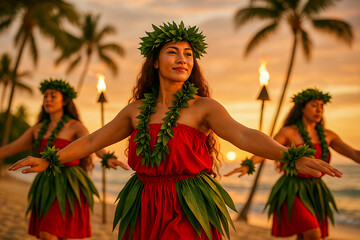 Traditional Hula Dancers Performing at Sunset on a Hawaiian Beach