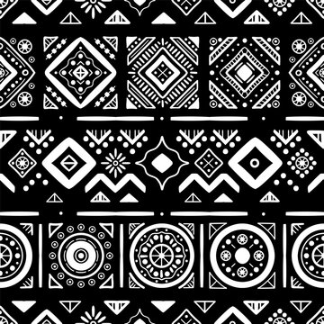 Black and white Ethnic seamless in native style. Vector pattern with African art decoration tribal geometric shape symbols. Folk background vector. Tent boarder backdrop. Abstract Aztec line motif