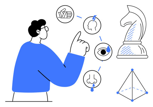 Man pointing at interconnected sensory icons including brain, eye, and nose, paired with chess knight and pyramid. Ideal for strategy, decision-making, design thinking, problem-solving, analysis
