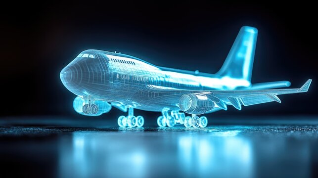 A translucent airplane model, glowing with digital light.