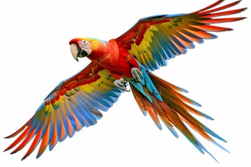 Fototapeta premium Colorful macaw parrot detailed feathers red blue and yellow tones perched with wings slightly spread white background
