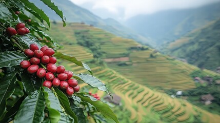 Lush coffee cherries ripen on a hillside plantation.