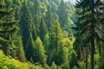 Obraz premium Lush Green Canopies of Ancient Spruce, Fir, and Pine in a Vibrant Forest Ecosystem