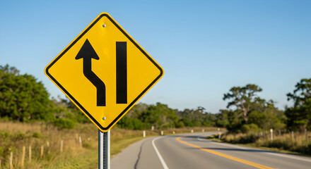 Lane Reduction Ahead Sign on a Rural Road Under a Clear Blue Sky