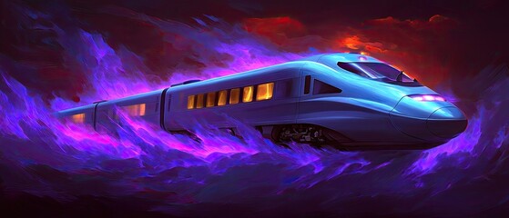 Obraz premium Crimson-purple flames surround a futuristic train.