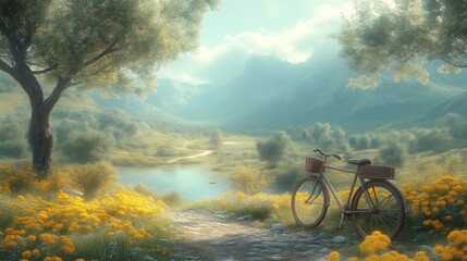 Fototapeta premium Peaceful Countryside Scene with Bicycle and Blooming Flowers