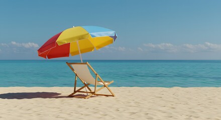 Relaxing Beach Chair and Colorful Umbrella on Tropical Sandy Shore