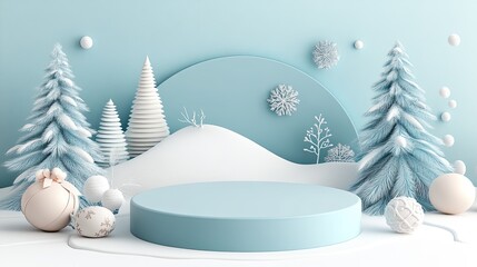 Light blue circular podium with snowy Christmas scene.