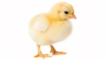 Cute baby chick standing alone fluffy yellow feathers small beady black eyes realistic soft lighting a white background