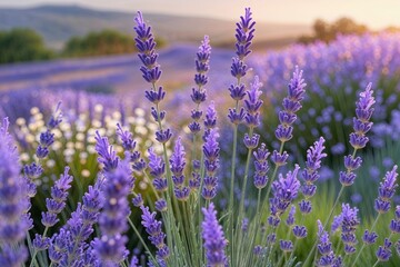 Naklejka premium Lavender Blooms in a Serene Meadow of Natural Beauty and Peacefulness
