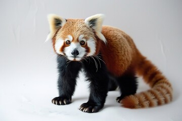 Cute red panda standing upright fluffy tail curled round black eyes detailed fur texture a bright white background