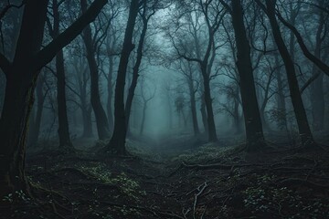 Obraz premium Haunted Shadowy Thicket Panorama with Unoccupied Space