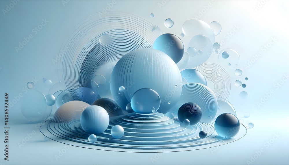 Poster minimalist abstract composition of translucent blue spheres with smooth gradients and futuristic aes