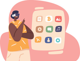 Woman interacting vr content vector illustration