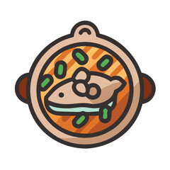 Cartoon illustration of fish stew with green beans.