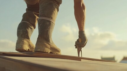 Roofer applying shingles at a construction site. Featuring precision and care