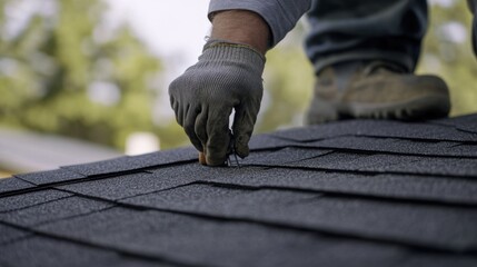 Roofer applying shingles at a construction site. Featuring precision and skill