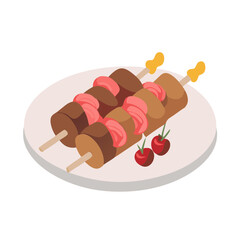 Delicious kebab skewers with meat and tomato garnish