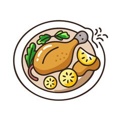 Delicious roasted chicken leg served with lemon slices