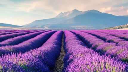 Naklejka premium A picturesque landscape with a vast field of lavender flowers