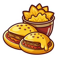 Cartoon burgers and nachos bucket, tasty snack