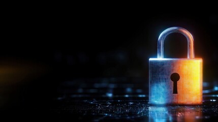 Futuristic digital lock animation featu metallic padlock with glowing blue and orange effects design
