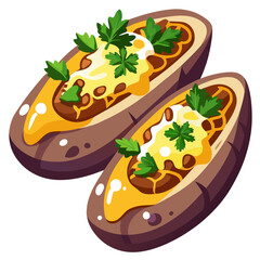 Two Loaded Baked Potatoes with Toppings and Garnish