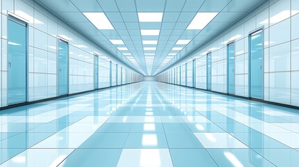 Clean, bright endless hallway perspective with modern design and doors