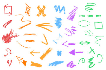 Hand drawn grunge crayon brush stroke line sketch style doodle icon element set. Crayon chalk scribble designs. Vector illustration