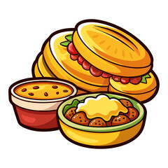 Cartoon illustration of various yummy Arabic style dishes