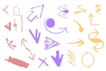 Crayon chalk scribble abstract doodle color paint element shape set. Hand drawn sketch arrows. Texture crayon brush sketch style shape background. Vector illustration